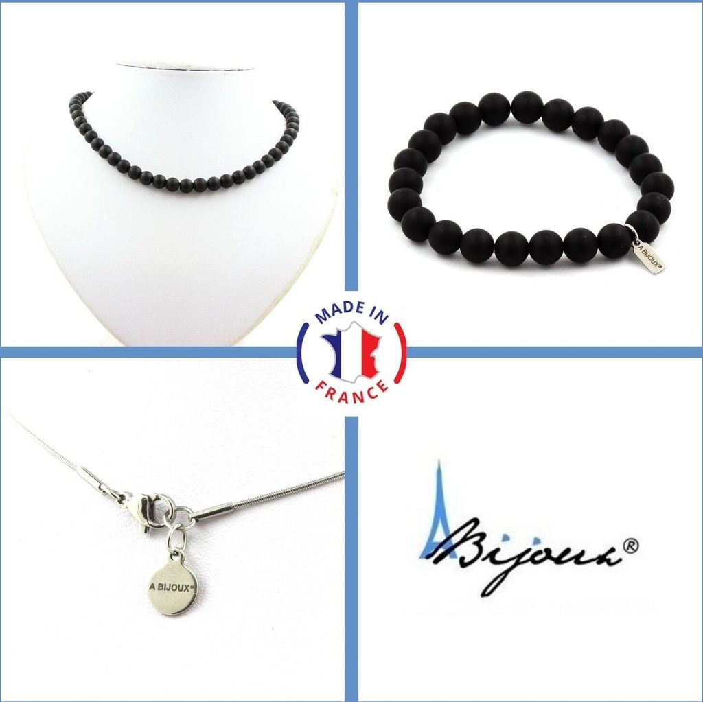 Schmuckset Armband Halskette Mattschwarze Onyxperlen 8 mm Edelstahlkette