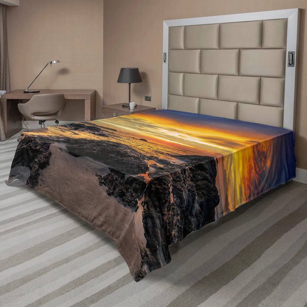 ABAKUHAUS Lenzuolo da letto, Majestic Sunrise Sky Ocean Tranquil Asian Seashore Photo, morbido e confortevole lenzuolo superiore per un letto decorativo 1 pezzo 244 cm x 205 cm, blu arancione crema