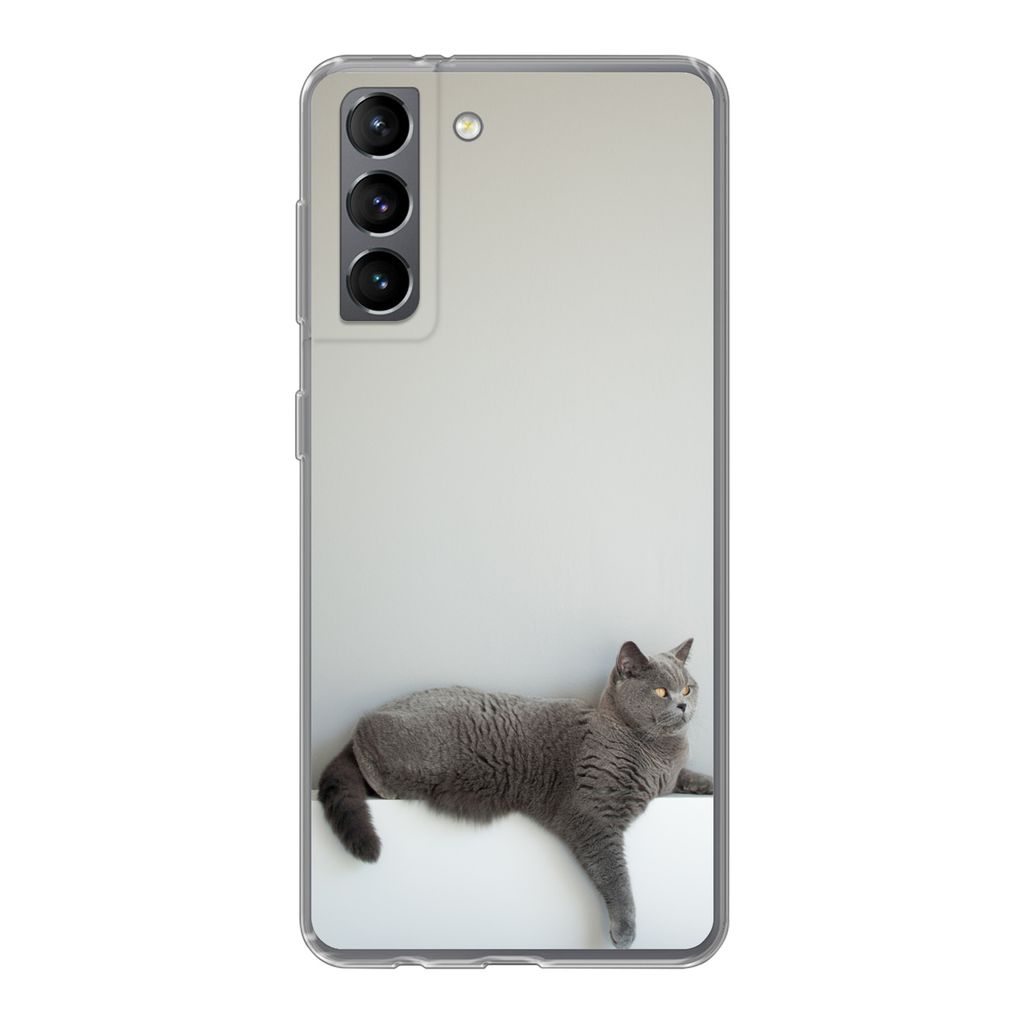 MuchoWow Handyhülle Schutzhülle Hülle für Samsung Galaxy S21 Katze - Britisch Kurzhaar - Grau - Mädchen - Kinder - Jungen - Kinder Silikon S...