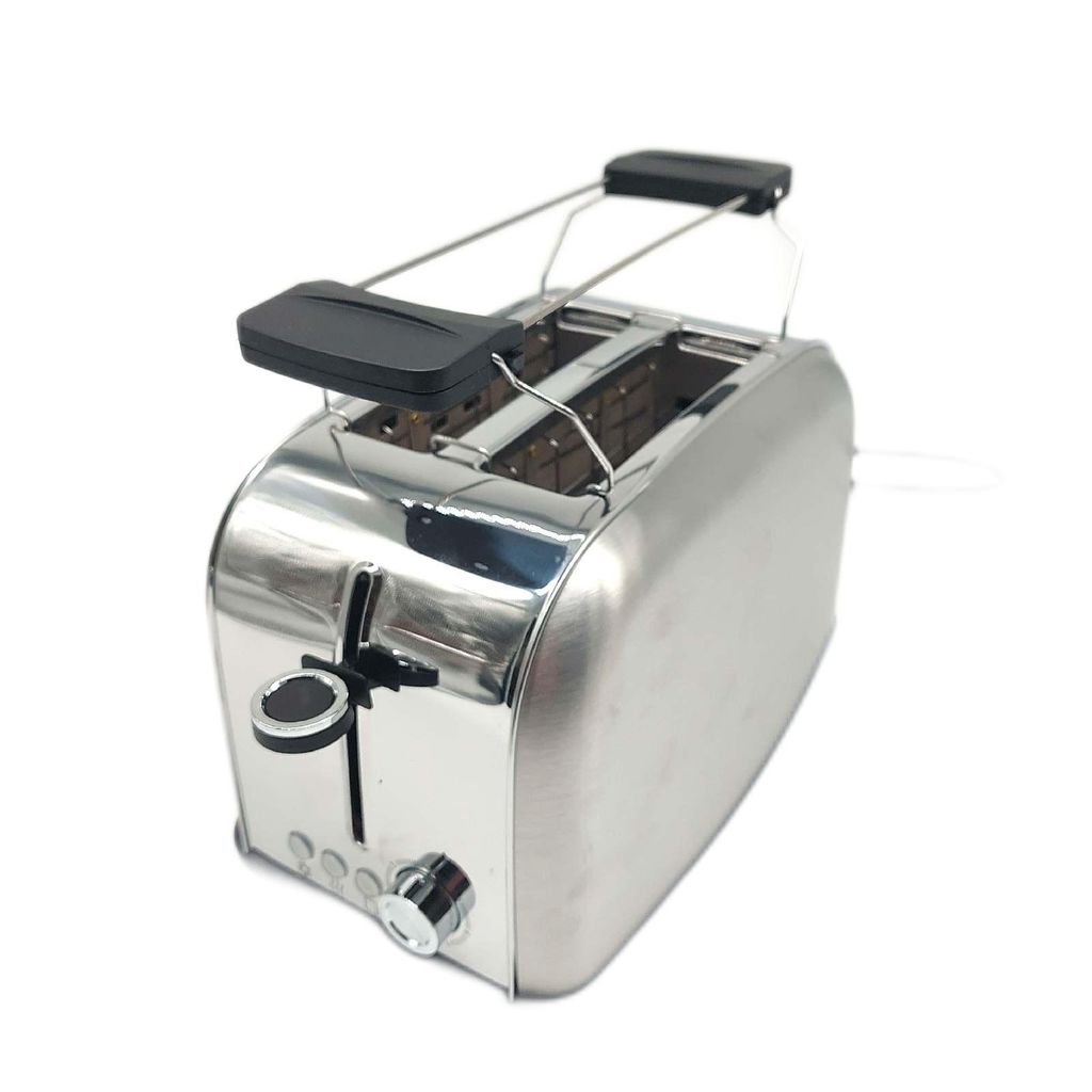 A stainless steel toaster with a black handle on a white background.