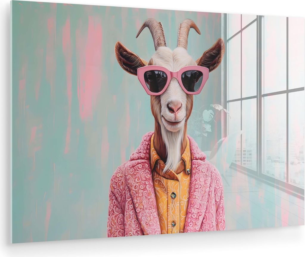 MuchoWow Glasbilder - Bilder auf Wandbild - Foto auf Glas Sonnenbrille - Rosa - Ziege - Anhören 30x20 cm Wanddekoration aus Glas - Acrylglasbild -...