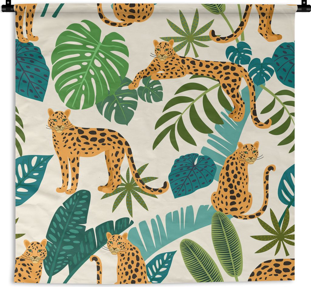 MuchoWow Wandteppich Wandbehang Dschungel - Leopard - Pflanzen - Muster - Mädchen - Jungen 150x150 cm Tapisserie Dekoration Wandtuch - Wohnacces...