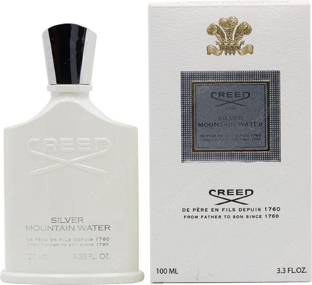 A white perfume bottle and its packaging are displayed side-by-side against a white background.
