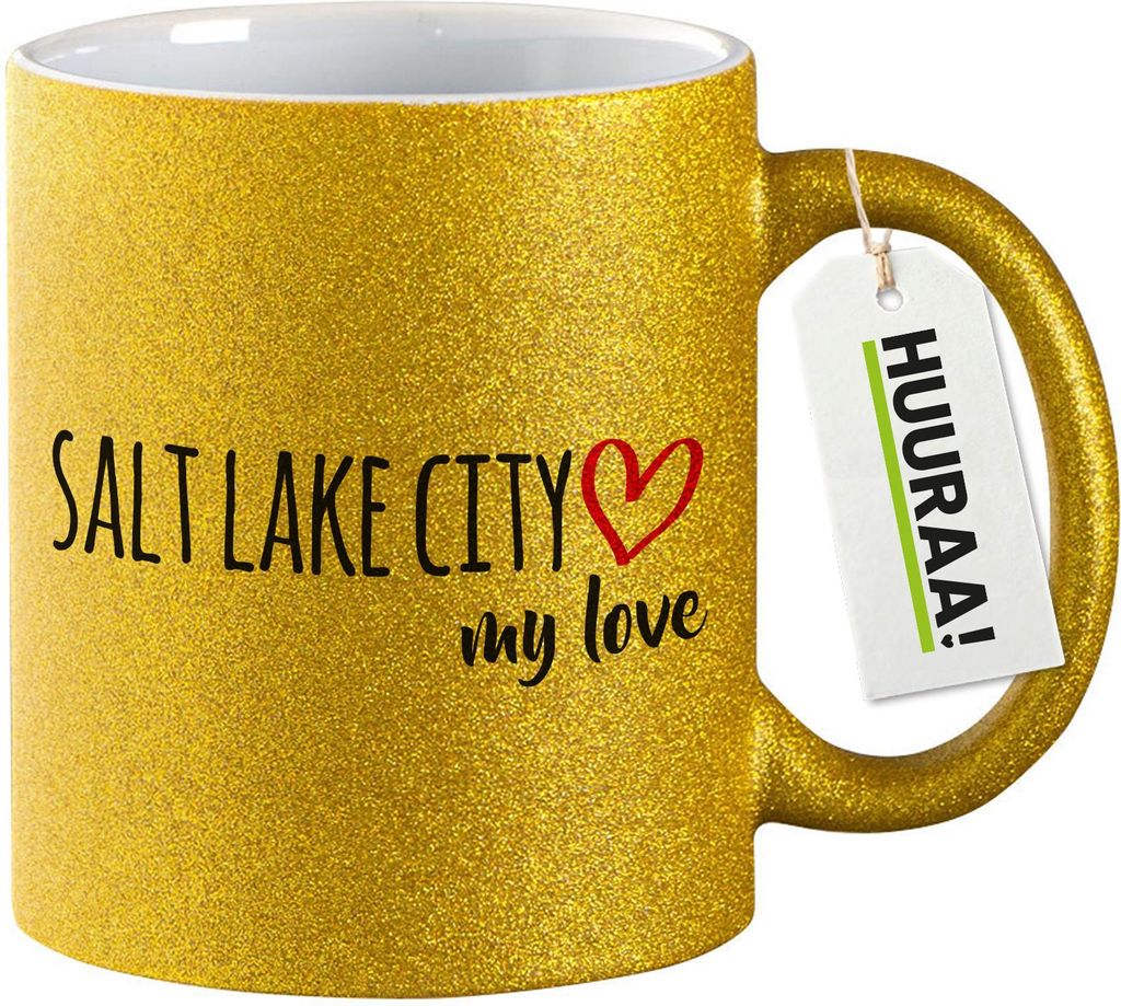 Huuraa Glitzertasse Salt Lake City my love 330ml Gold Keramik Kaffeebecher Geschenkidee
