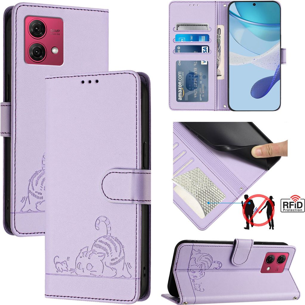 Leder Hülle für Motorola Moto G84 Süße Katze Flip Case Brieftasche Schutzhülle mit Standfunktion Lila