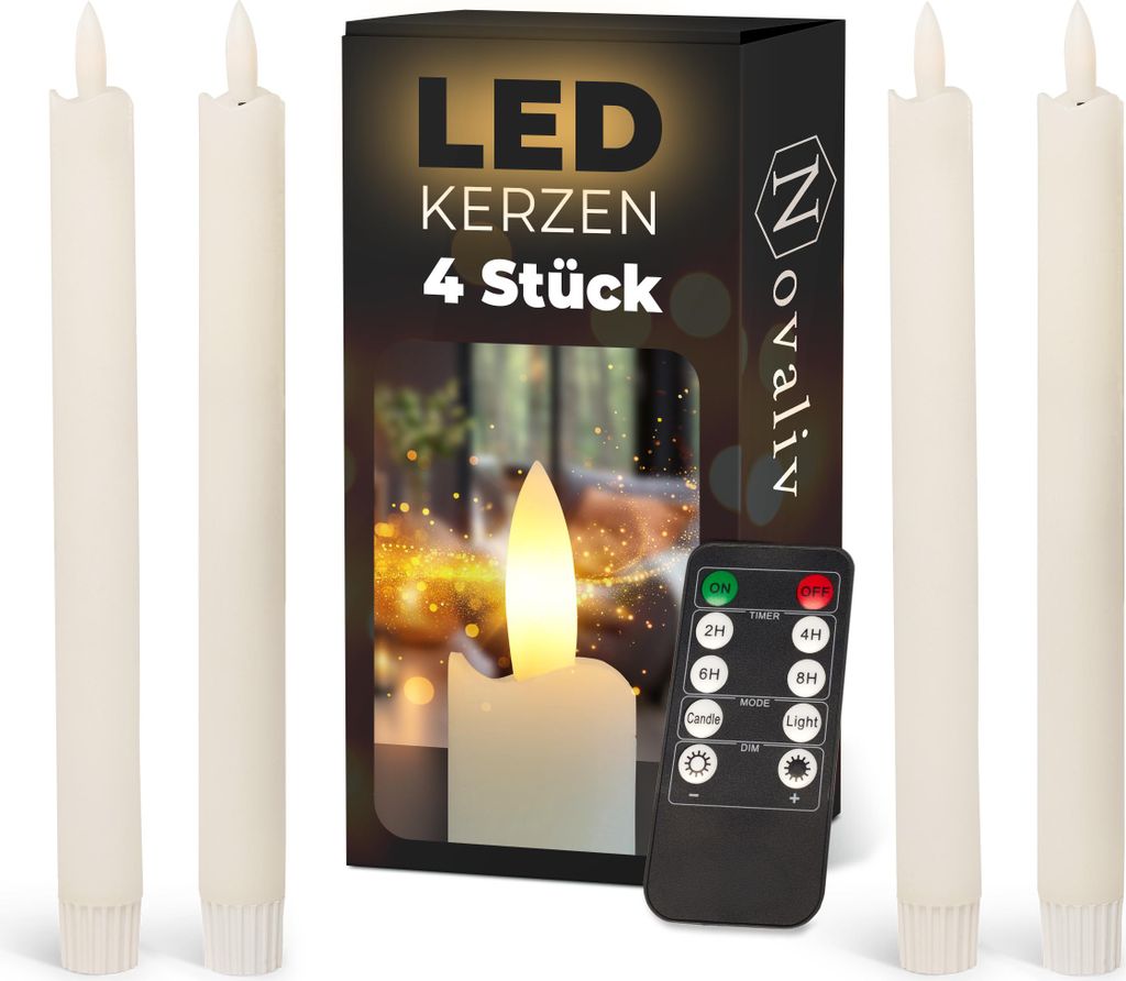 Stabkerzen LED mit Timer WEISS 4 Stück WEISS indoor - 6 Stunden - ECHTWACHS 23cm Höhe für Kerzen 2,2cm Durchmesser 2 AAA Batterien notwendig LED...