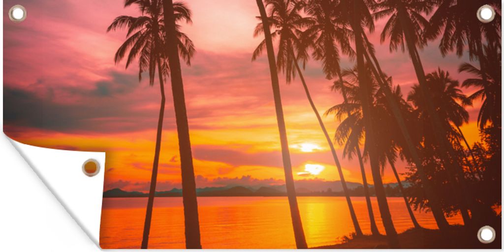 MuchoWow 60x30 cm Outdoor-Poster Gartendeko Sichtschutz Garten Poster für den Garten Meer - Palme - Sonnenuntergang - Strand - Silhouette