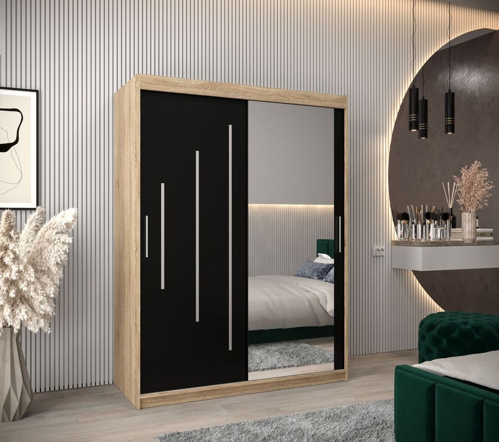 Kleiderschrank mit Spiegel ROZALIE – Breite 150 cm, Eiche sonoma / schwarz