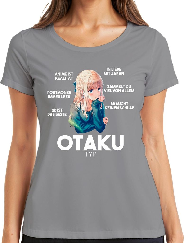 OTAKU TYP Anime ist Realität Portmonee immer leer Manga Japan Damen T-Shirt, Grau, XL