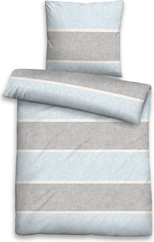 biberna Melange-Flanell Bettwäsche BLOCKSTREIFEN ciel 1x 135x200 cm + 1x 80x80 cm