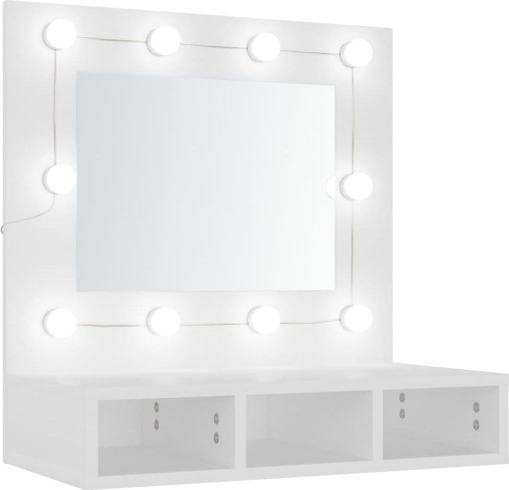 A white vanity mirror with LED lights and storage compartments.