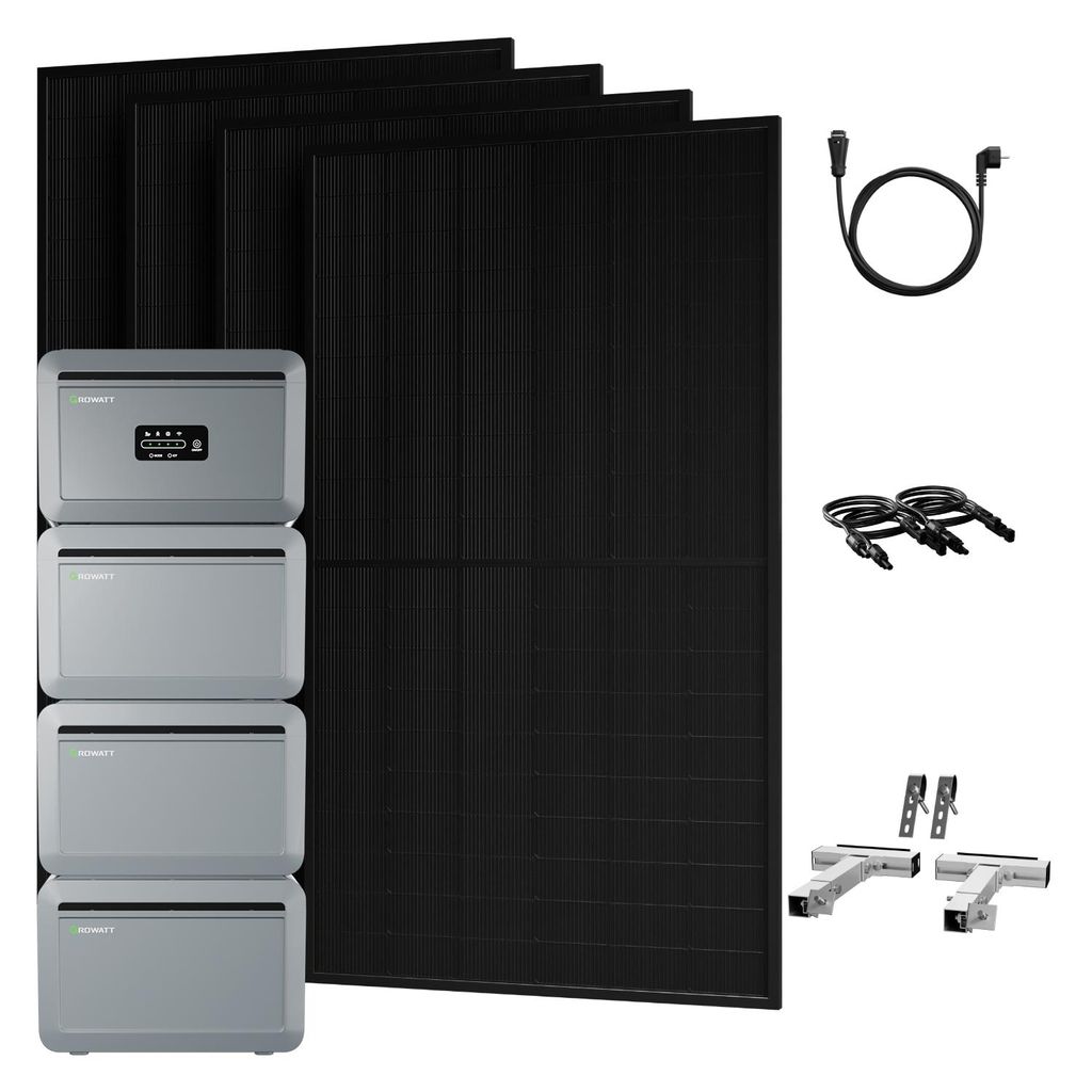 Powerness Balkonkraftwerk mit Speicher,Growatt NEXA 2000 Speicher und 3x NEXA2000E Erweiterungsakku,4x 500W Solarmodule, 4x Balkon-Halterung(Silber)