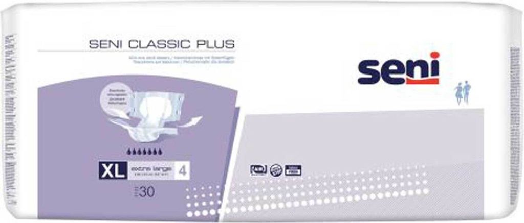 Packaging for Seni Classic Plus adult diapers.