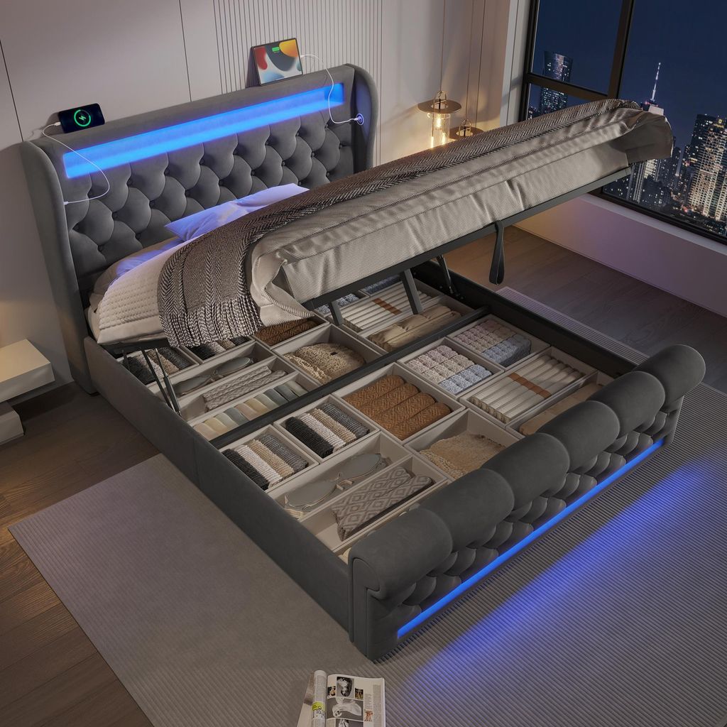 MODFU Polsterbett 140x200 Boxspringbett mit Bettkasten und Stauraum-Kopfteil,Doppelbett mit LED,USB,Typ-C-Anschlüssen,Jugendbett-ohne Matratze,Grau