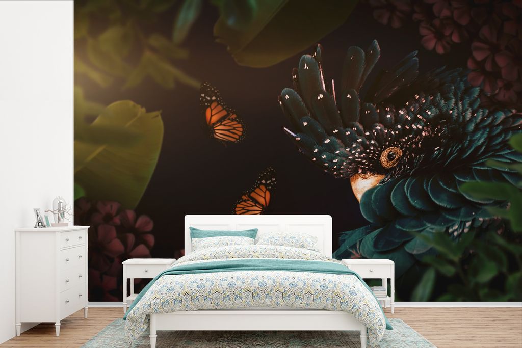 MuchoWow Fototapete für Wohnzimmer oder Schlafzimmer Wandtapete Vinyl Motivtapete Dschungel - Vogel - Schmetterling - Blumen - 525x350 cm - Das ...