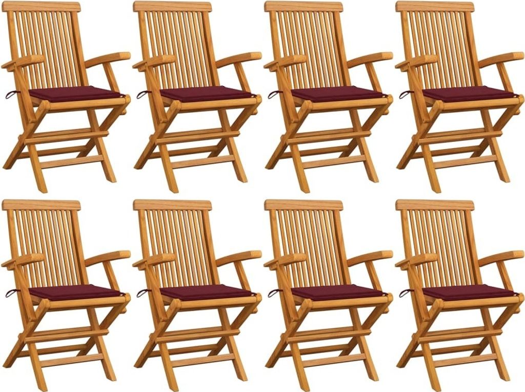 Gartenstühle mit Weinroten Kissen 8 Stk. Massivholz Teak Produktbild 