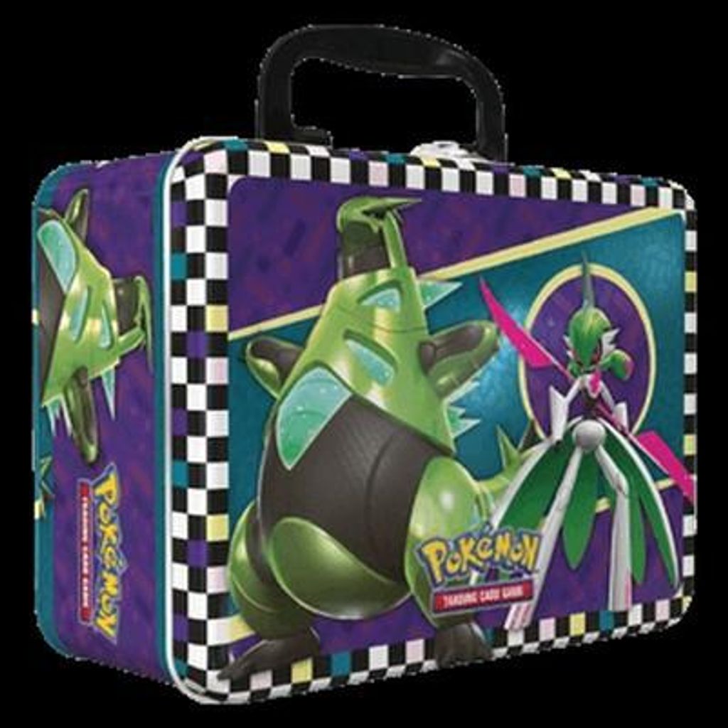 A Pokémon trading card game collector's tin featuring two Pokémon characters.