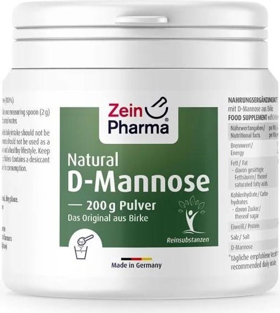 A product shot of a container of Zein Pharma Natural D-Mannose powder.