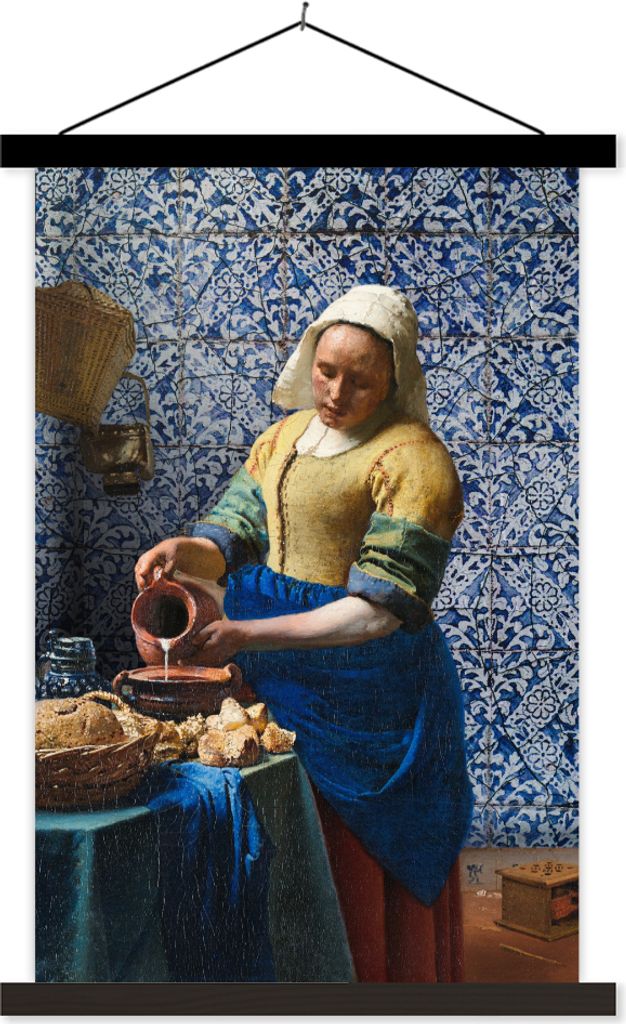 MuchoWow Textilposter Milchmädchen - Delfter Blau - Vermeer - Gemälde - Alte Meister 120x180 cm mit schwarzem Rahmen - Fotos