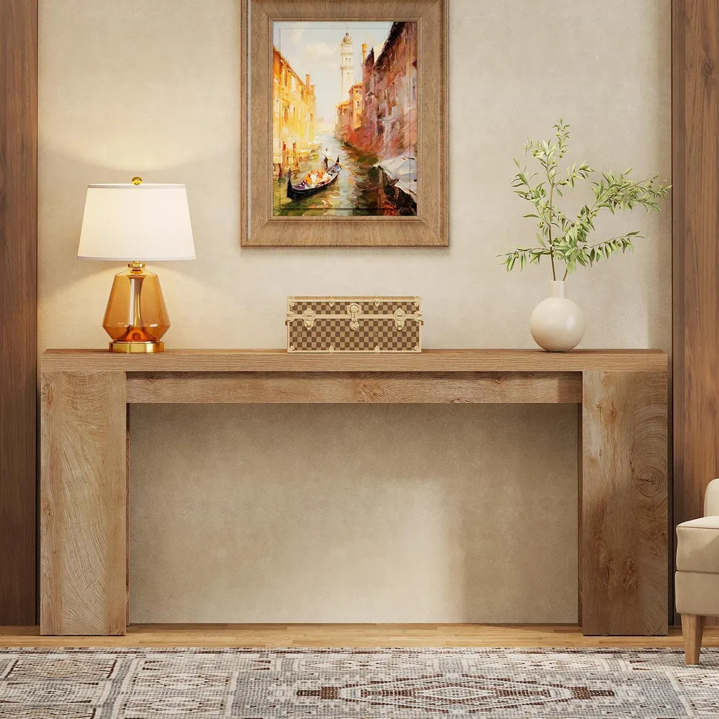 Console extra longue 160 cm en chêne brun clair avec rangement intégré