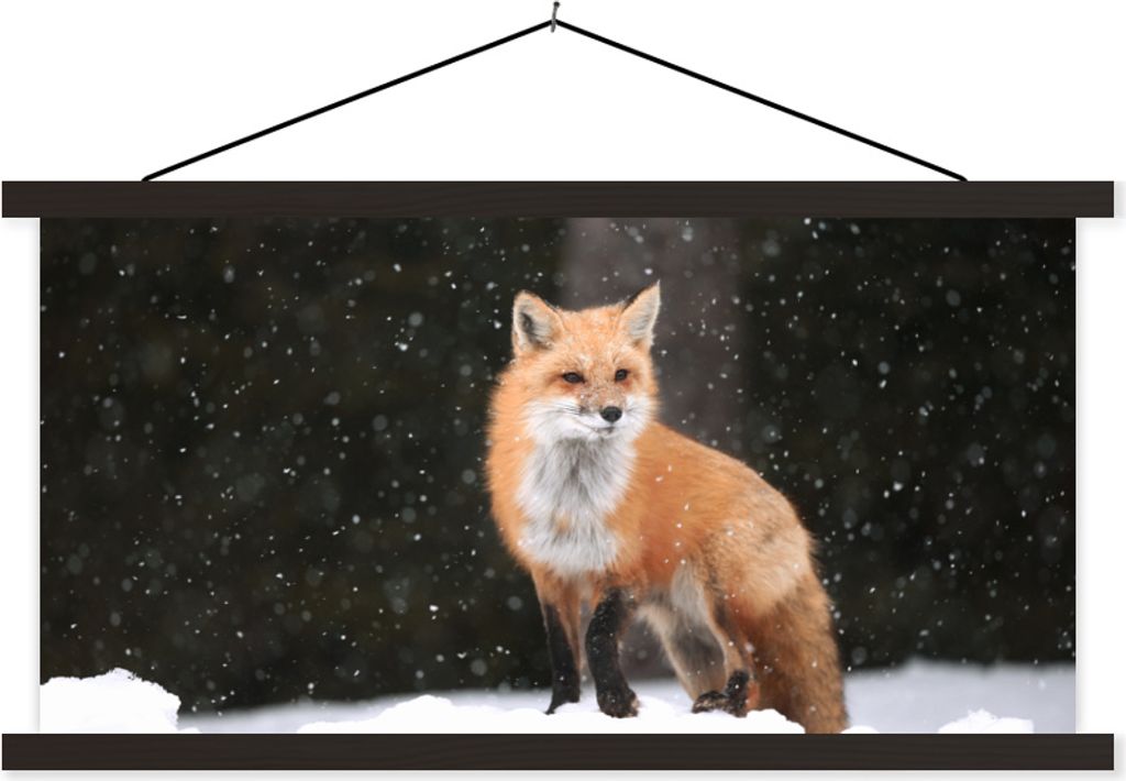 MuchoWow Textilposter Fuchs - Schnee - Winter 90x45 cm mit schwarzem Rahmen - Klemmleisten