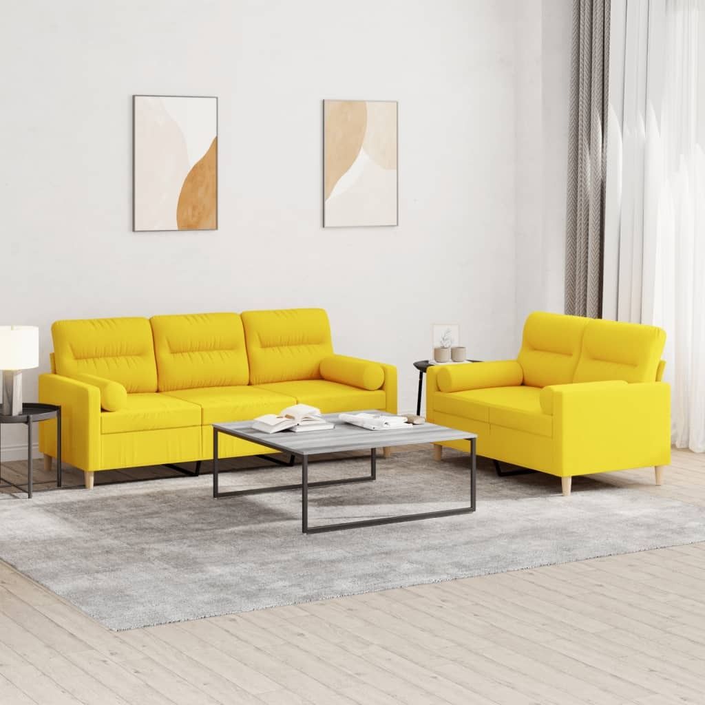 Möbel 2-tlg. Sofagarnitur mit Kissen Hellgelb Stoff - Klassische Sofas 3201621