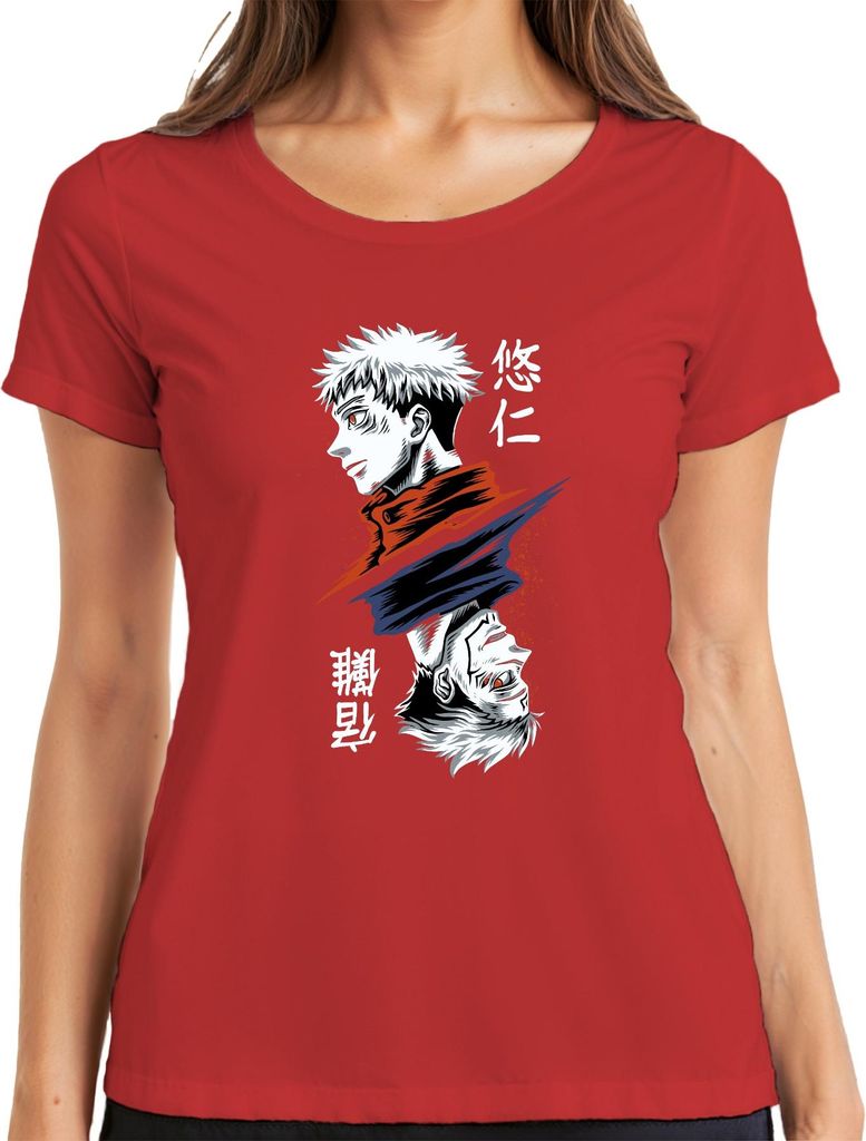Jujutsu Kaisen Yuji Itadori Dual Face Fluch Anime Geschenk Damen T-Shirt, Rot, XXL