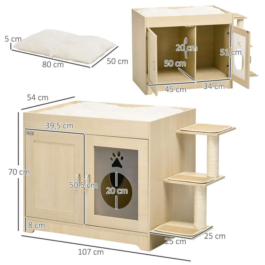 Meuble cache litière bois chêne pour chat : grand format 107x54x70cm
