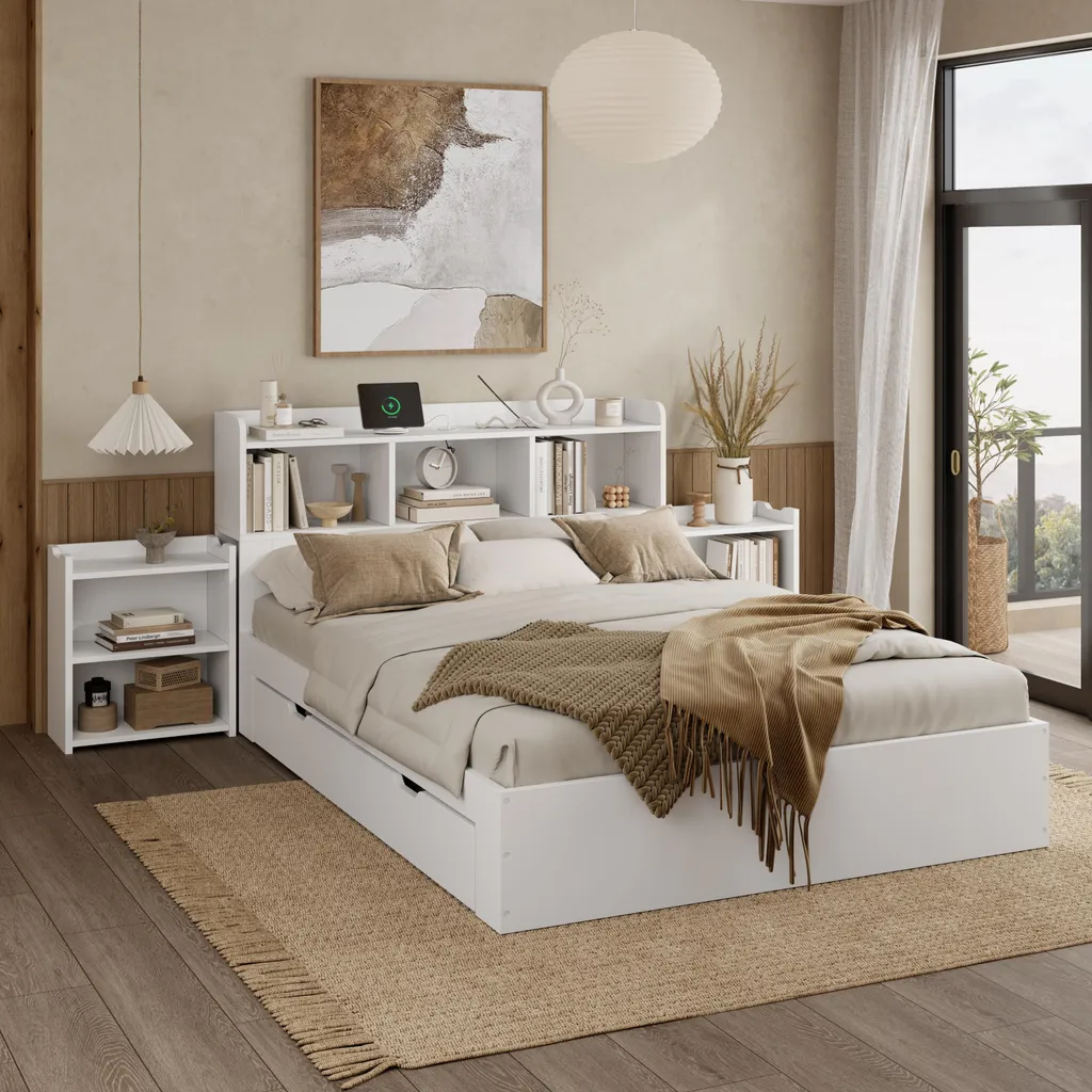 Lit avec rangement 140x200 cm et ports de charge USB blancs - 2