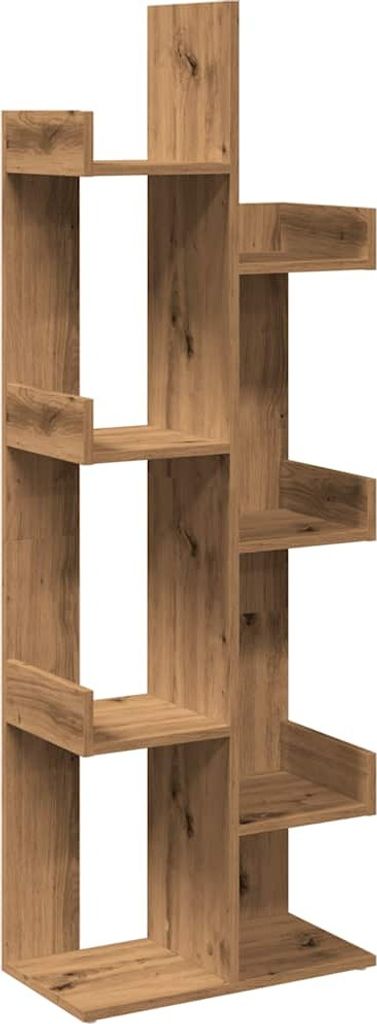 A wooden bookshelf with an asymmetrical design.