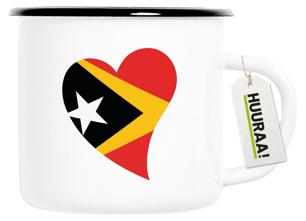 Huuraa Emaille Tasse Osttimor Flagge Herz 300ml Vintage Campingbecher Geschenkidee