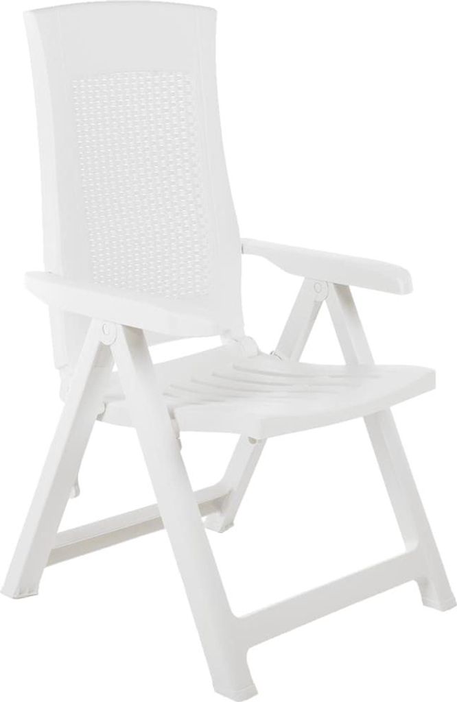 A white plastic folding chair is shown against a white background.