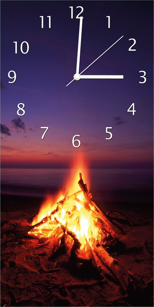 Wallario Design Wanduhr bedruckt, Größe 30 x 60 cm, Motiv: Lagerfeuer am Strand