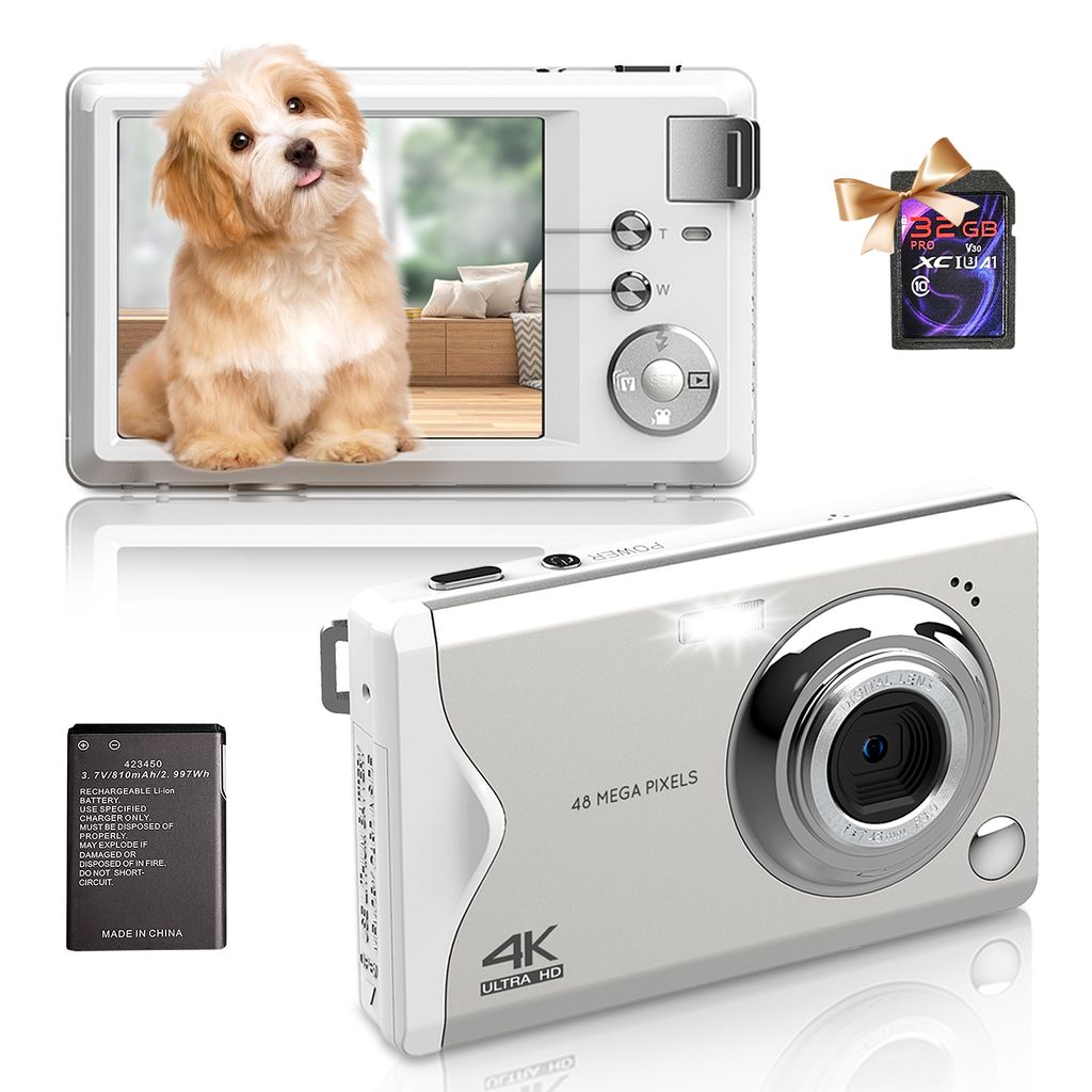 Digitalkamera 4K FHD Kamera 48MP Fotokamera Kompaktkamera mit 16X Digitalzoom LED-Fülllicht Mini Selfie Kamera Tragbar mit 32GB Karte, Weiß