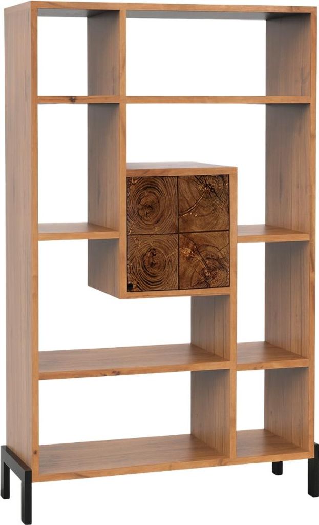ROOT Regal mit 1 Tür & 8 Ablagen, Akazie massiv, Unikat, 115×35×180 cm