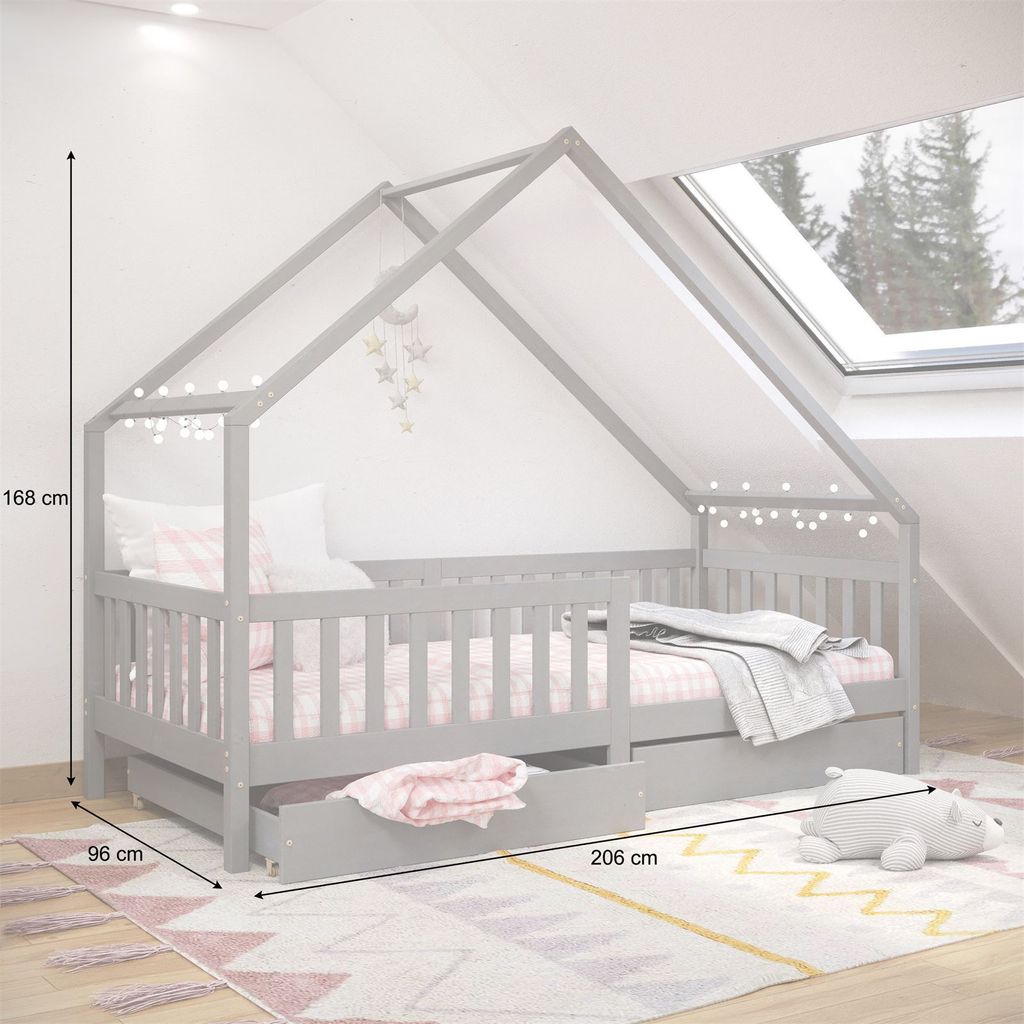 Hausbett ALVA aus Kiefer Massivholz, grau - Kinderbett mit Produktbild 