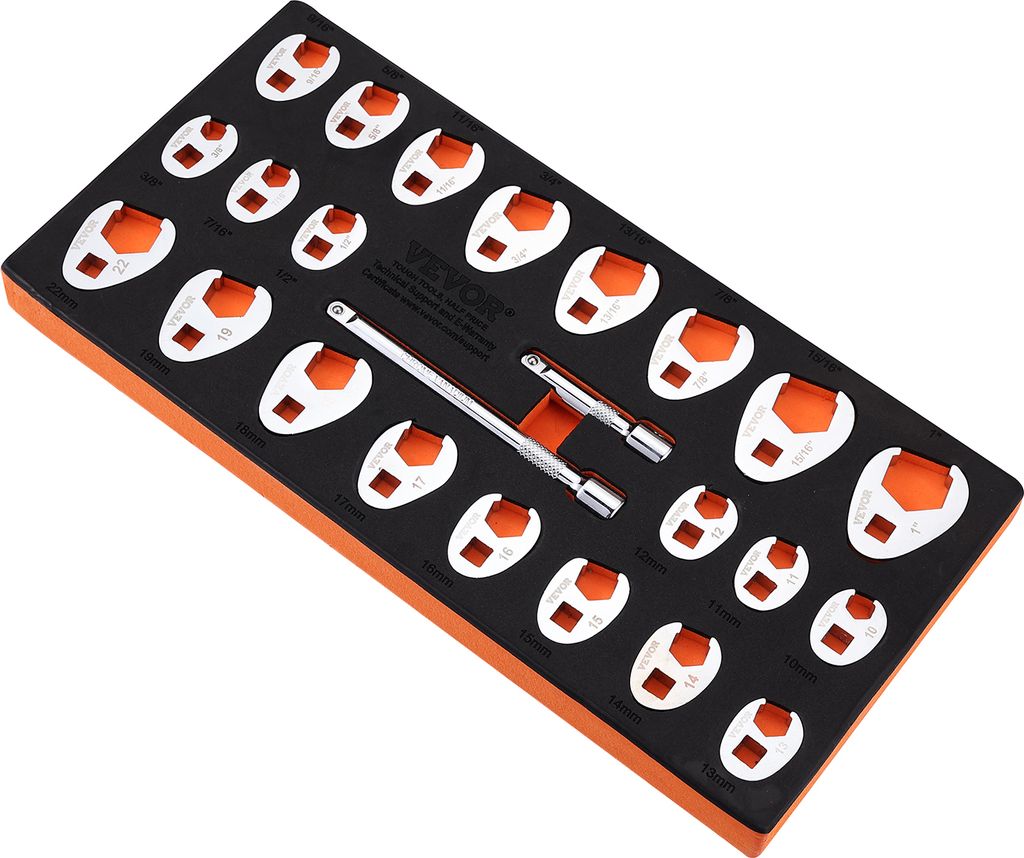 A set of specialized wrenches and extensions laid out in a foam organizer tray.
