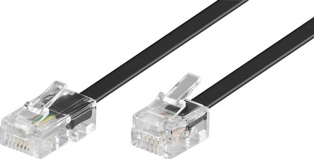 A black flat cable with two clear RJ-11/RJ-45 connectors on a white background.