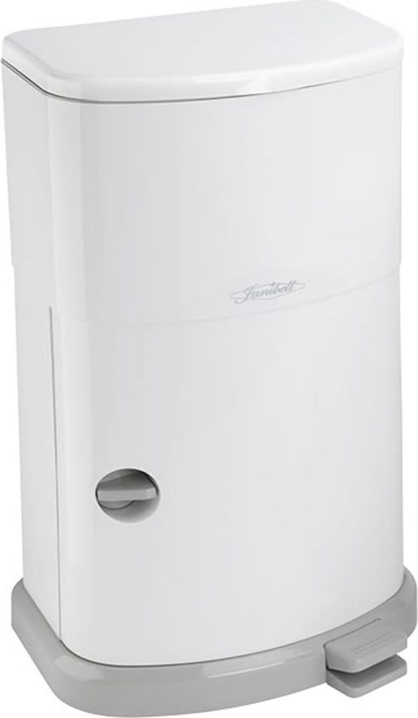A white diaper pail with a gray base and pedal.