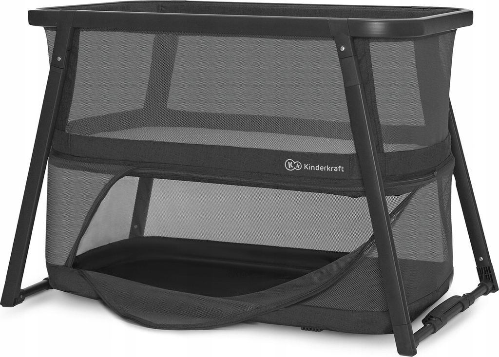A black and gray travel crib with mesh sides.