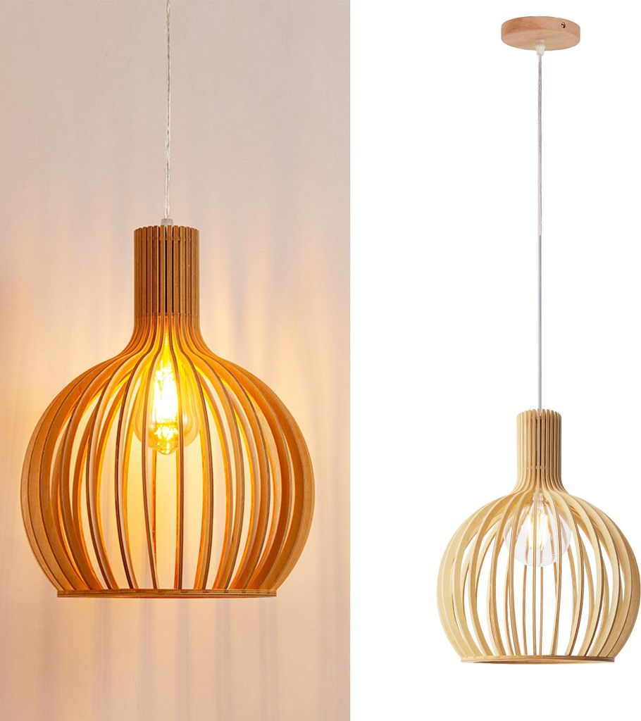 A split image showing a wooden pendant lamp from two different angles.
