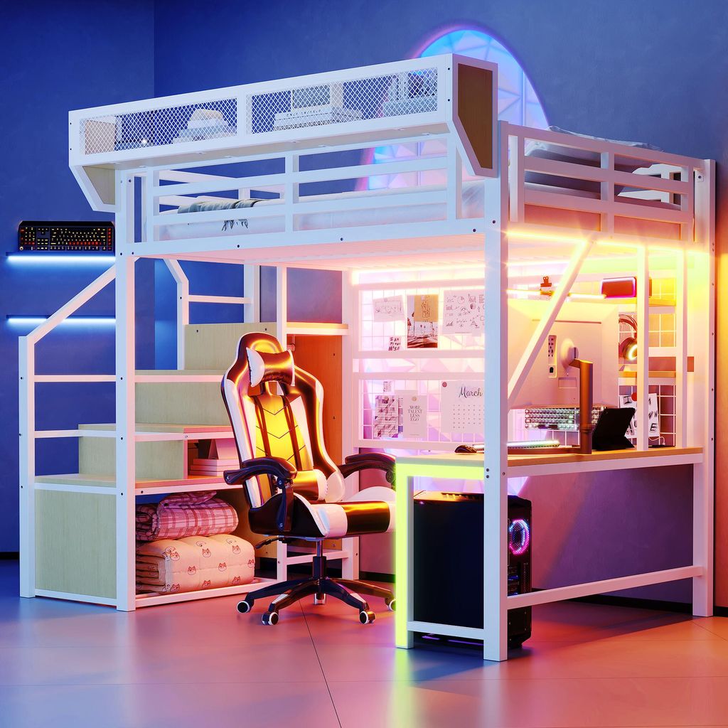 MODFU Jugendbett 140×200 mit Steckdose und LED-Beleuchtung Hochbett Schreibtisch und Aufbewahrungsnetz Bettgestell mit Regal und Erhöhtem Geländ...