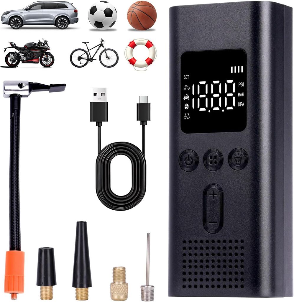 Elektrische Luftpumpe, 150PSI Tragbarer Akku Luftpumpe, 4000mAh Luftkompressor, Akku Kompressor für Fahrräder Motorräder und Auto