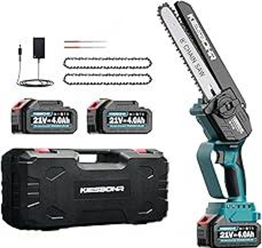 KIESBOHR Akku-Kettensäge, 8 Zoll mini kettensäge mit Kettenschmiersystem(Lithium-Ionen 21V, Bürstenloser Elektromotor, 2 Akkus 4000mAh, 2 Ketten...