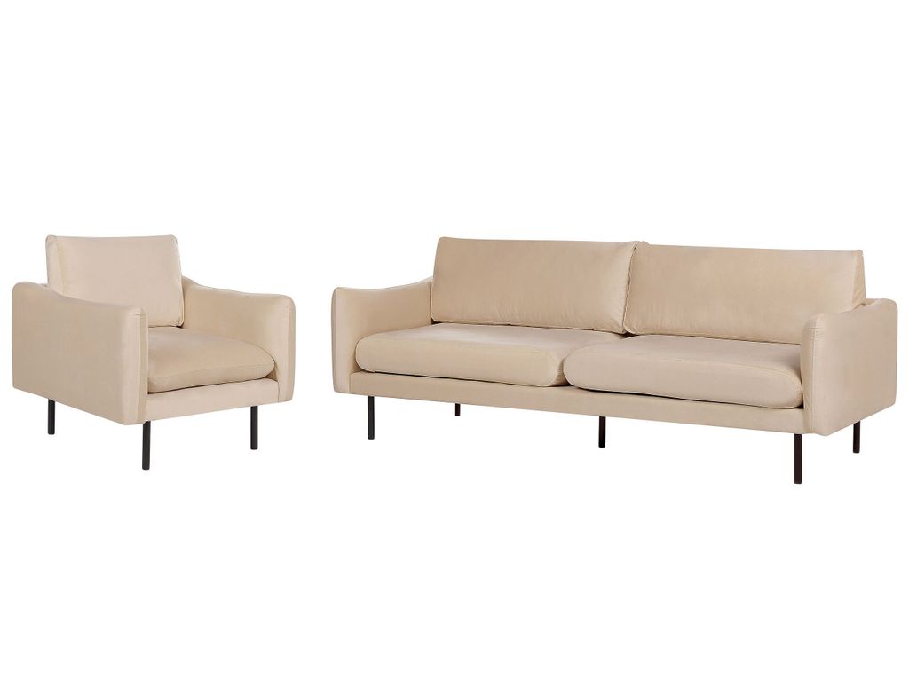 BELIANI Sofa Set Beige Samt 3-Sitzer Sofa und Sessel mit Hohen Schwarzen Metallfüßen Dicke Sitzkissen Schmale Armlehnen Lose Rücken- & Sitzkissen