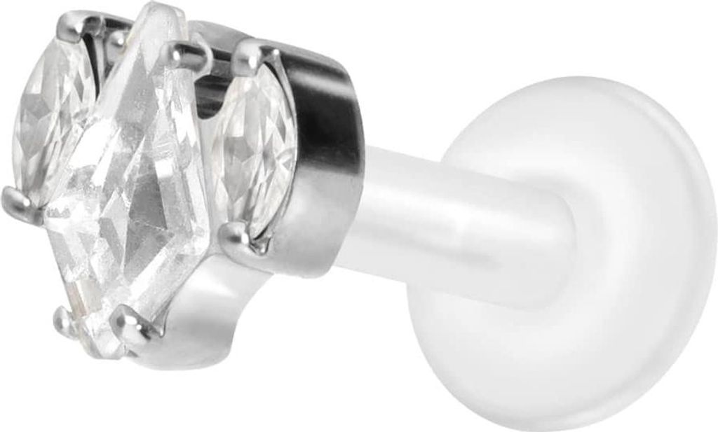 Ohrpiercing, Nasenpiercing PTFE Labret mit Innengewinde + Titan-Aufsatz KRISTALLSCHILD + KRISTALLOVALE Silber Stablänge: 8mm | Stabstärke: 1,6mm