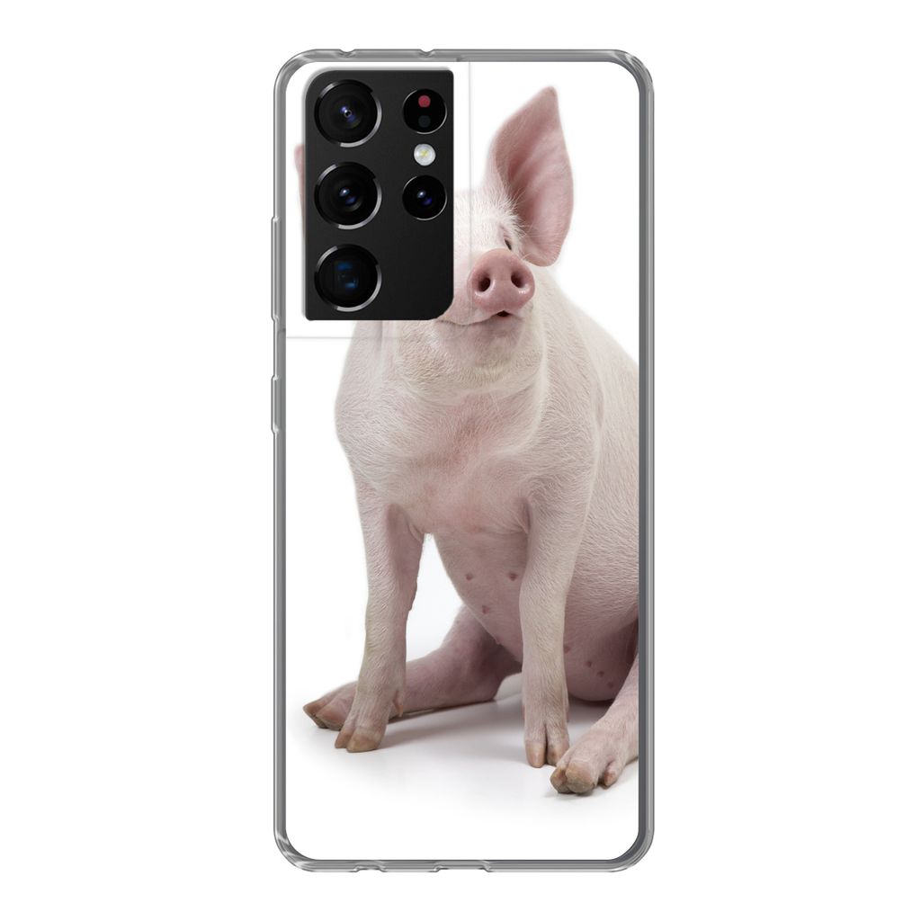 MuchoWow Handyhülle Schutzhülle Hülle für Samsung Galaxy S21 Ultra Schwein - Bauernhoftiere - Weiß Silikon Softcase Handy Hülle - Mobiltelefon