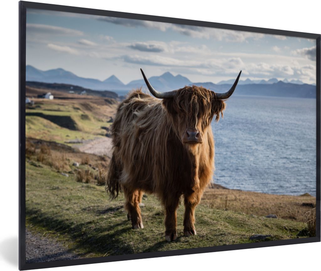 MuchoWow MuchoWow Gerahmtes Poster Schottische Hochlandrind - Bergen - Meer 30x20 cm - Poster mit zchwarzem Bilderrahmen - Kunstdruck - Bild-Po...