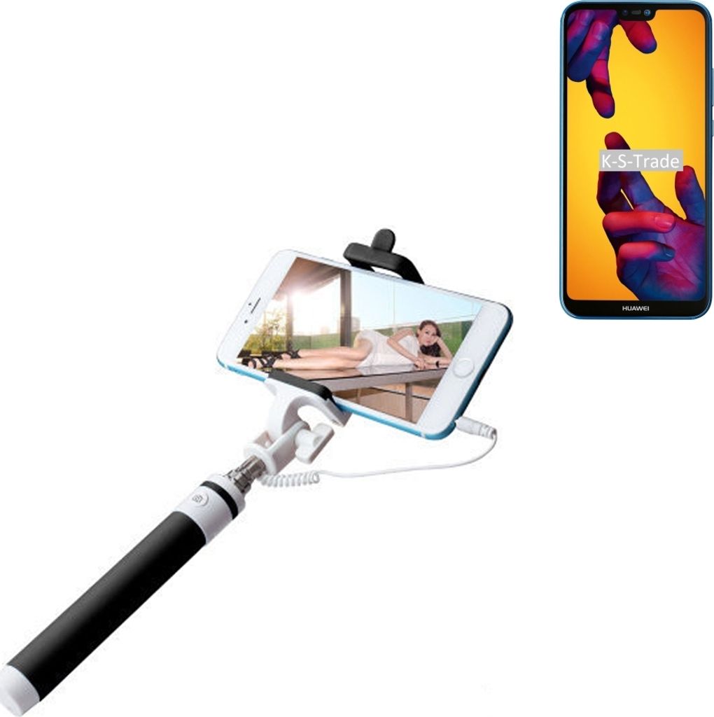 K-S-Trade Selfie Stick kompatibel mit Huawei P20 Lite Dual-SIM Selfiestick kabelgebunden Monopod mit Kabel Stab Stange Selfportrait Handheldstick