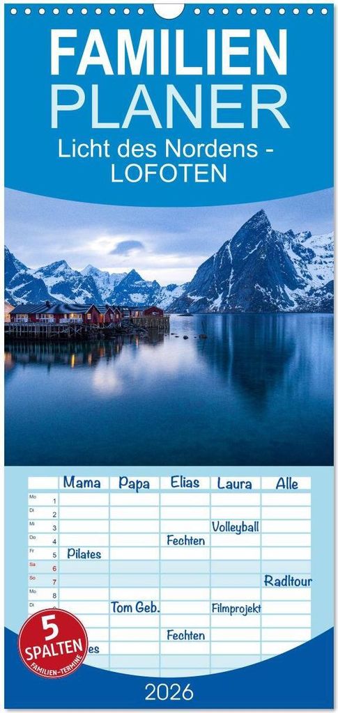 Familienplaner 2026 - Licht des Nordens - LOFOTEN mit 5 Spalten (Wandkalender, 21 x 45 cm) CALVENDO